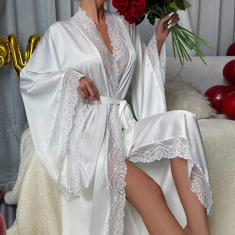 Summer Satin Pajamas Female Lace Luxury Long-sleeved Cool Feeling Nightgown Women Long Bathrobe Home clothes