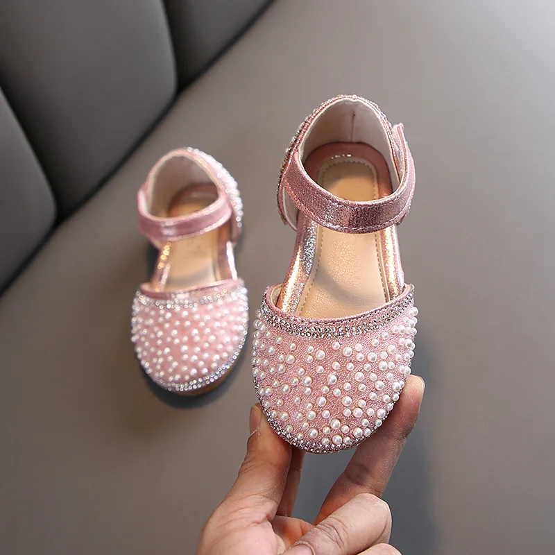 New Summer Sandals Spring Pearl Rhinestone Princess Shoes Little Girls Flat Non-slip  Shoes Kids Wedding Party Shoes Size 21-36