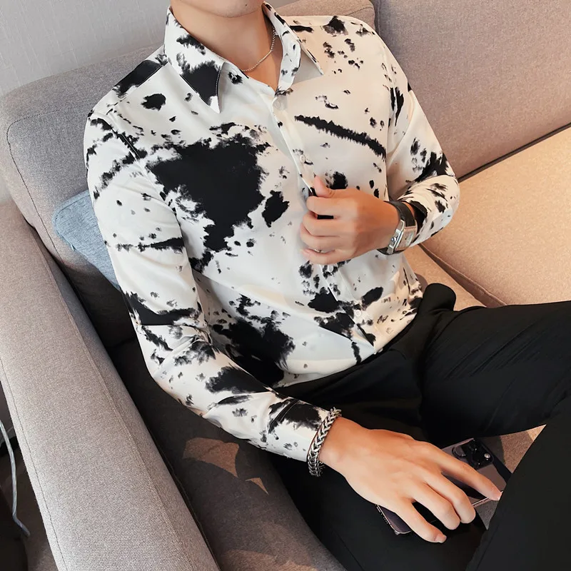 

Men's Spring Ink Printing Business Long Sleeve Shirts/Korean Style Male High Quality Business Casual Dress Shirts 4XL-S