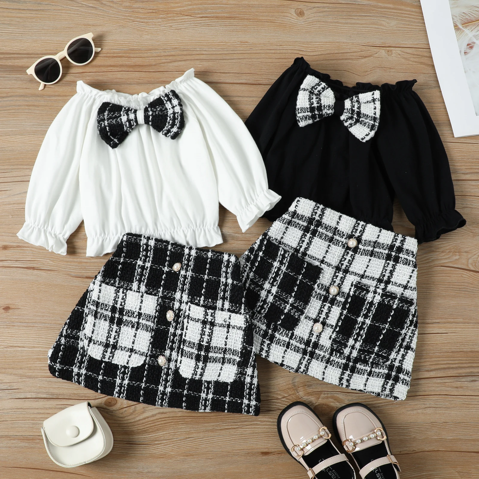 

2023 New Autumn Kids Girl Outfit Bow Long Sleeves Off Shoulder Tops and Casual Plaid Skirt Clothes Fall Set