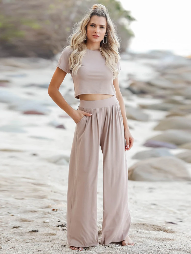 Summer Casual Female Sets Outfits Solid Tracksuit Women Two Piece Sets Clothing Short Sleeve Crop Top Wide Leg Pants Suits