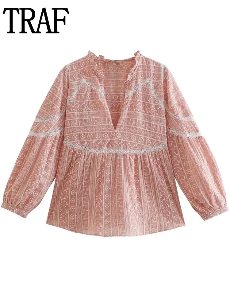 

TRAF 2022 Cut Out Embroidery Blouse Women Ruffle Puff Sleeve Top Female Vintage Pink Summer Top Baggy Woman Blouses And Shirts