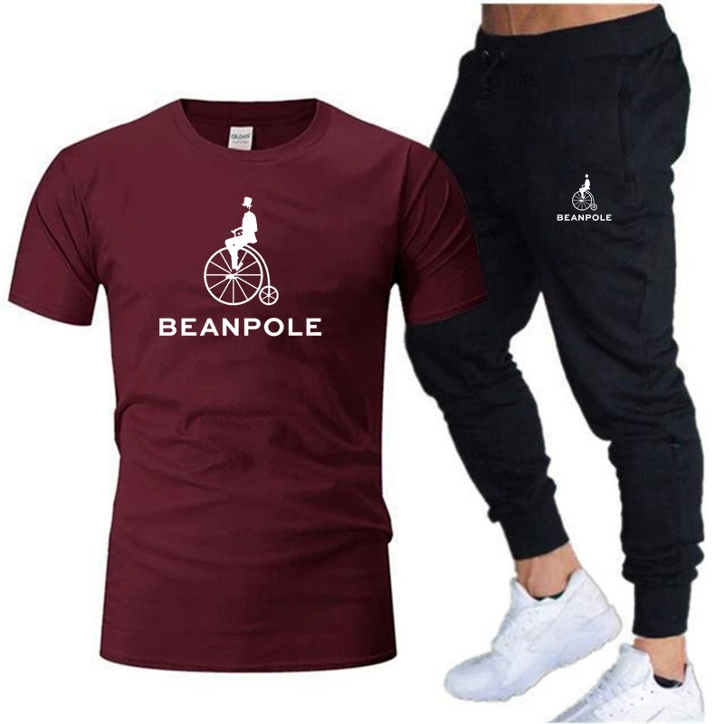 Beanpole 2023 Men's summer cotton printed short-sleeved T-shirt+trousers Men's and women's sports fitness jogging suit sportswea