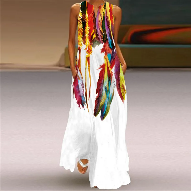

White Vintage Feather Print Maxi Dress Women 2022 Summer Sexy V Neck Sleeveless Elegant Dresses Women Party Beach Long Dress 5XL