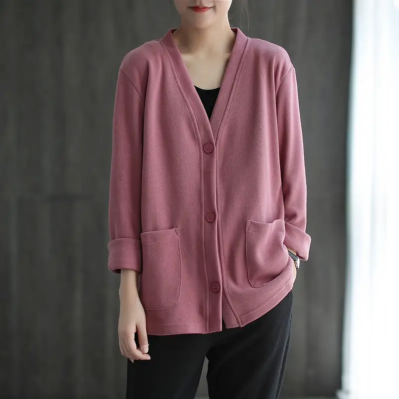 Cotton autumn new style retro literary pure color V-neck cardigan women's casual long-sleeved shirt slimming jacket
