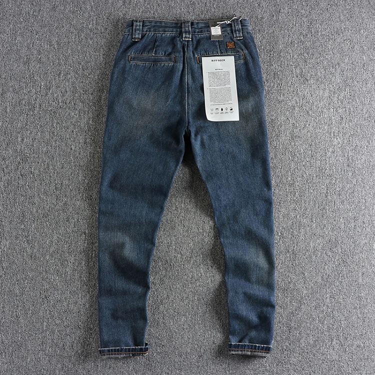Heavy wash worn blue cotton denim jeans men, n retro trend loose straight tube youth long pants