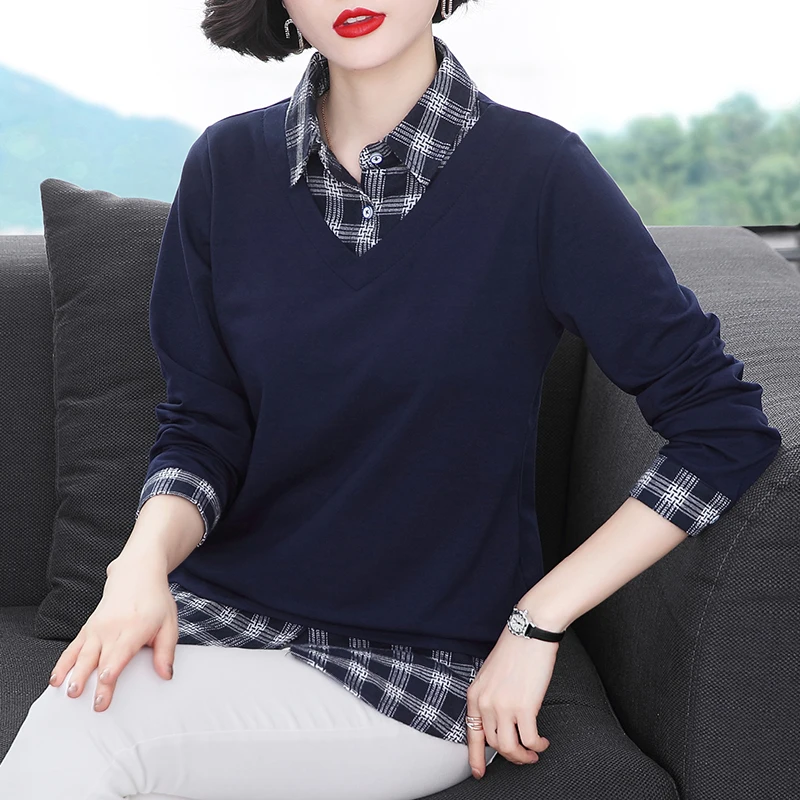 

Autumn Long Sleeve Blouse Women Tops Plus Size M-4XL Fashion Plaid Patchwork Casual Women Shirt Kimono Loose Camisas De Mujer