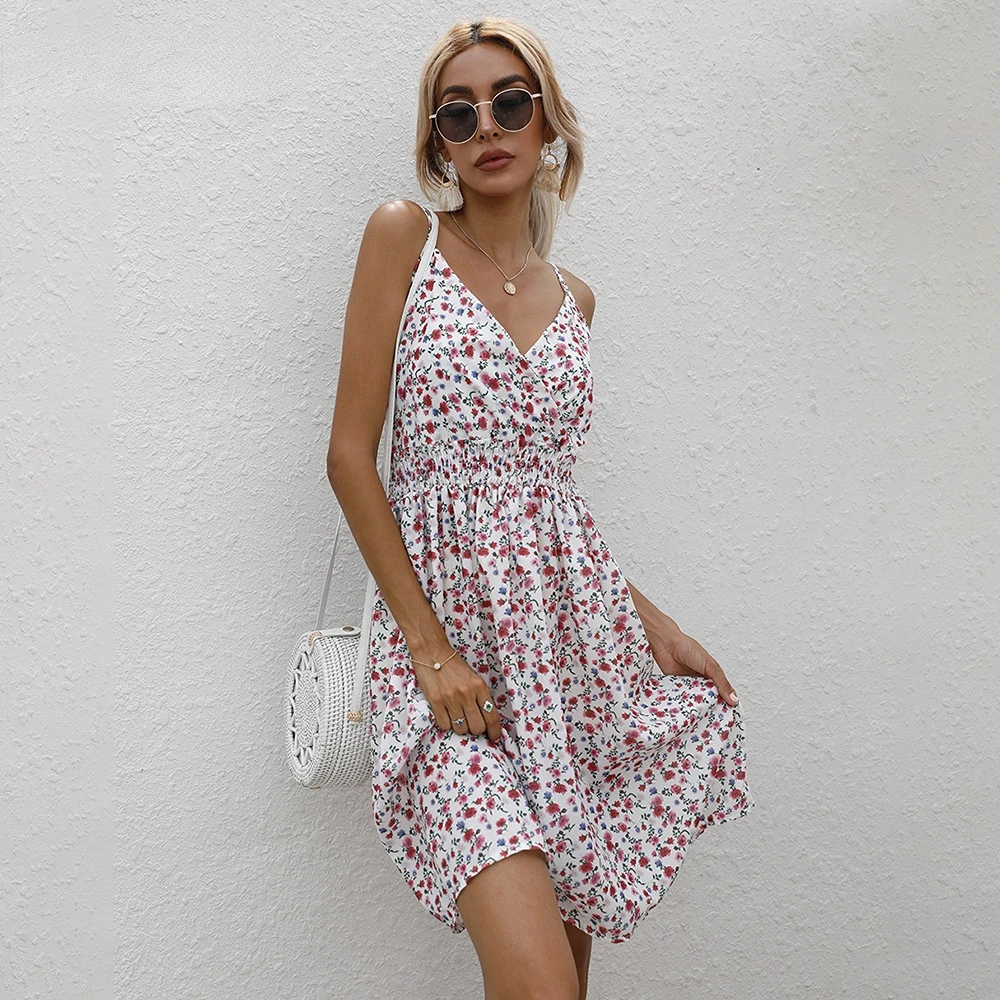 

Summer Spaghetti Strap Dress Women Beach Sexy Sleeveless Backless Deep V Neck Floral Print Mini Dresses Elegant 2021 Fashion