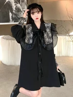 women black shirtdress raglan sleeve single breasted waffle fabric oversized dresses hipline length korean style 2022 spring