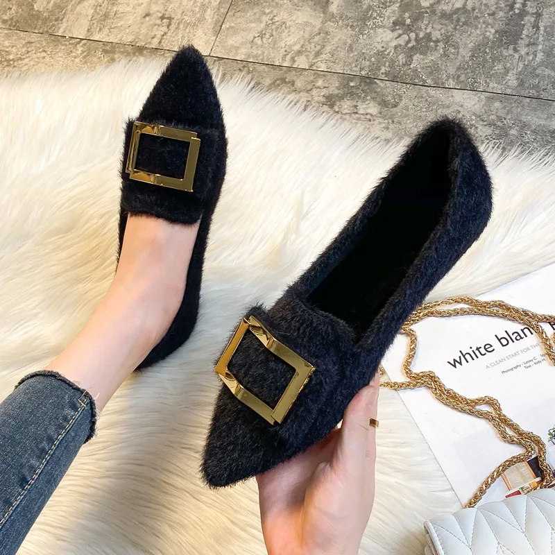 Plus Size 35- 42 43 Women Faux Fur Flats pointed toe Buckle Winter Warm Pumps Plush Lining Lady Loafers Female Shoes A88-20