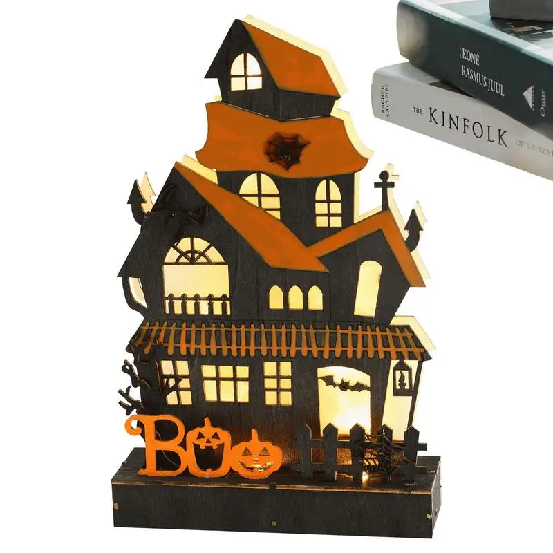 

Haunted House Tabletop Decorations Halloween Wooden Ornaments With Pumpkin Bat Spider LED Lighted Festival Party Table Decor