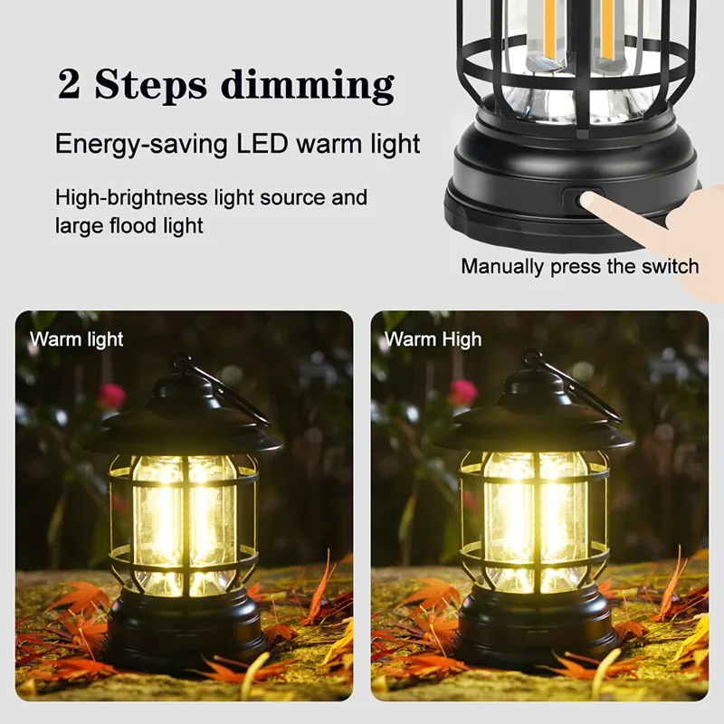 Retro COB Camping Tent Lamp Portable Lantern USB Rechargeable LED Home Decor Light Travel 3*AAA Outdoor Emergency Working Light enlarge