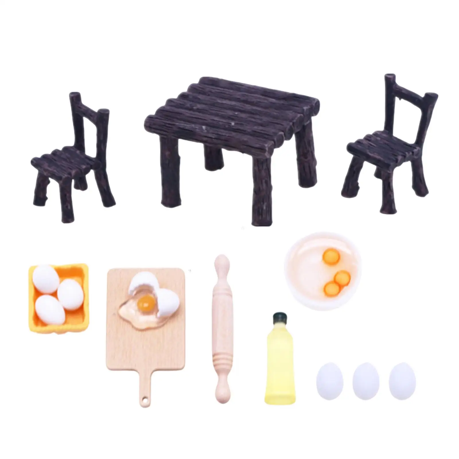 

1:12 Dolls Cooking Tool Miniature Rolling Pin Desk and Chair Egg, Rolling Pin,Egg Bowl, Olive Oil Simulation Baking Scene Decor