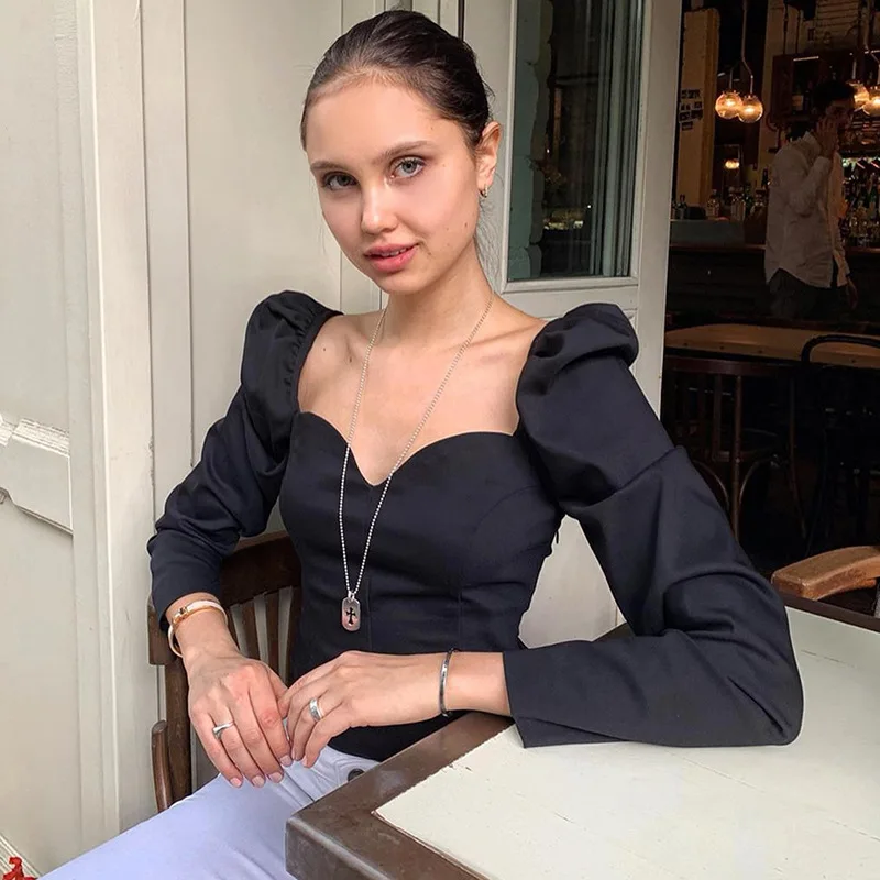 

Special Offer Hot Sale Korean2022 autumn solid color vintage new women shirts puff sleeve square sexy small V-neck Slim blouse