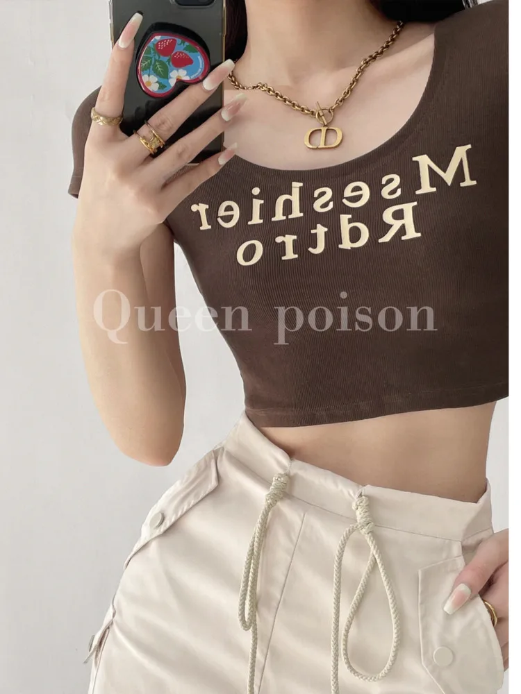 

TVVOVVIN 2023 Cool U-Neck Letter Printed Short Sleeve T-shirt For Women Sexy Tight And Slim Short Style With Open Navel NC02