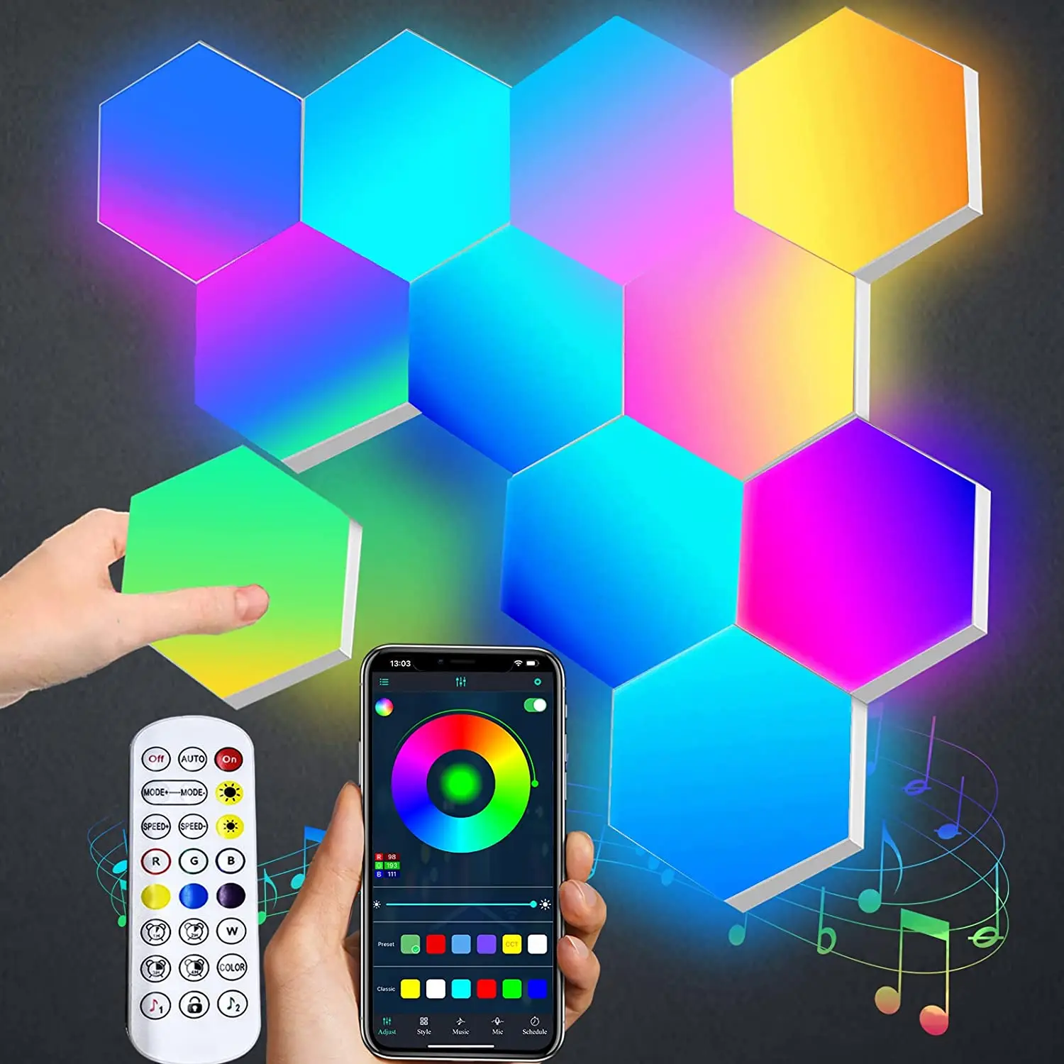

Smart Bluetooth APP RGB LED Hexagon Wall Lights Music Sync Voice Control Night Light for Gaming Lamp Living Room Bedroom Decor