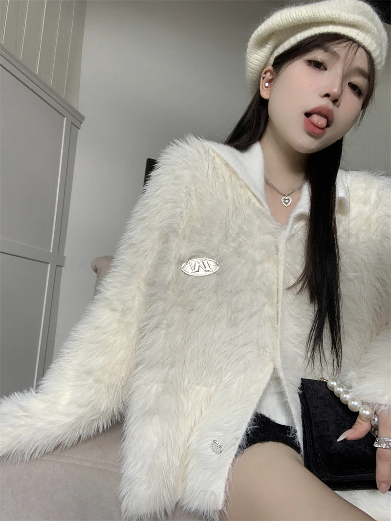 Soft Waxy Mink Fleece Sweater Women's Lazy Style Lapel Thickened Versatile Knitted Cardigan Coat Faux Fur Coat Jacket Teddy Y2k