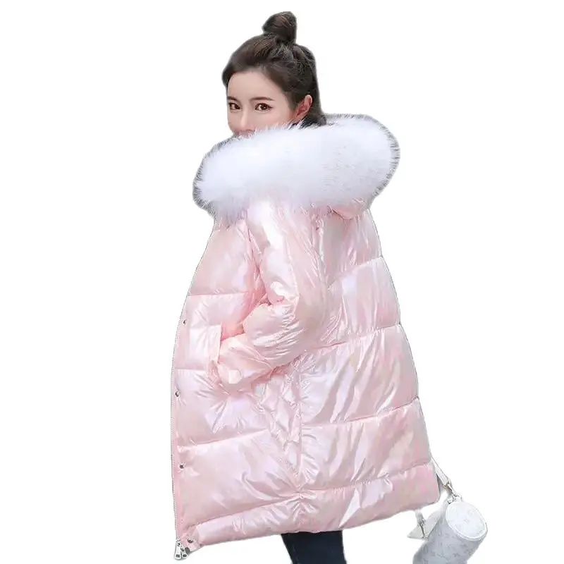 Hooded Fur Collar Women's Parka 2022 Winter New Mid-Length Jackets Shiny Glossy Down Padded Outwear Long Sleeve Female Fashion