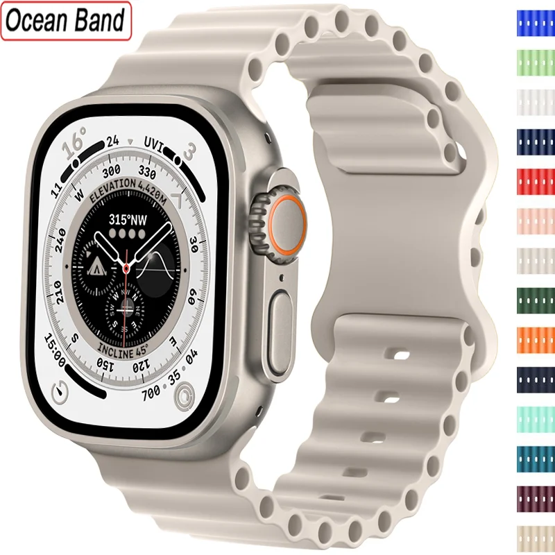 

Ремешок спортивный Ocean для Apple watch band 44 мм 45 мм 40 мм 41 мм 38-42 мм, силиконовый браслет для iWatch series 8 7 6 5 4 3 se 9 Ultra 2 49 мм