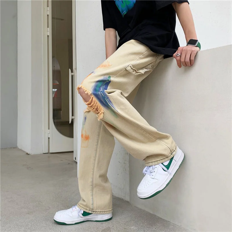 Summer Ripped Graffiti Jeans Men Fashion Casual Wide Leg Jeans Mens Streetwear Loose Hip Hop Straight Hole Denim Pants Men S-3XL
