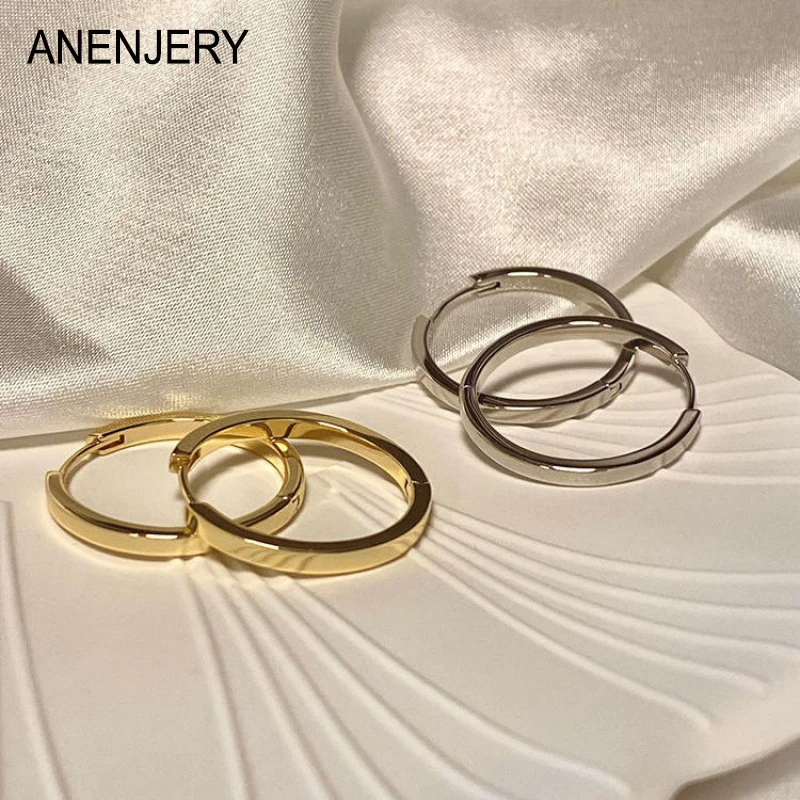 

ANENJERY Metal Glossy Round Hoop Earrings for Women French Design Geometric Ear Buckle Huggies Trendy Jewelry pendientes mujer