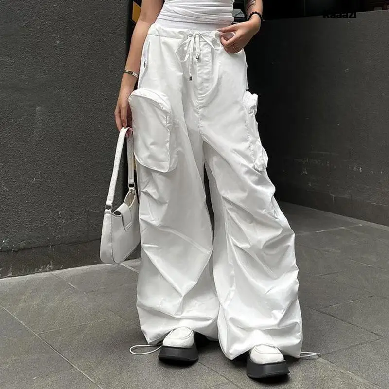 

KAAAZI Bandage Drawstring Long Style Cargo Pants Solid White Ladies Three-dimensional Pockets Loose Casual Trend Streetwear