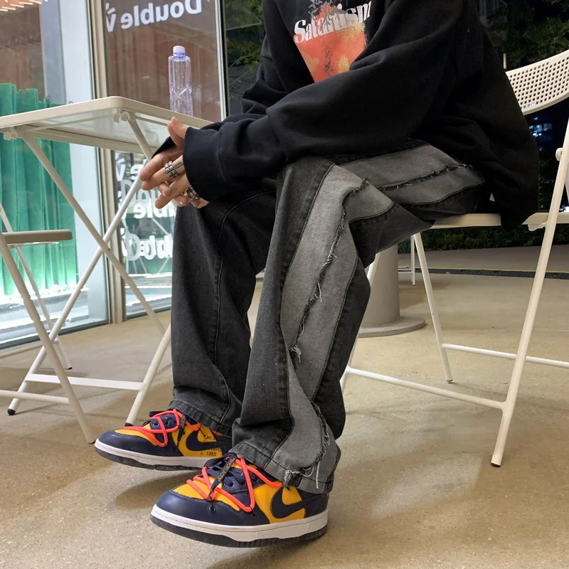 DEEPTOWN Patchwork Jeans Men Black Blue Denim Pants Male Streetwear Hip Hop Loose Causal Straight Trousers Fashion Spliced