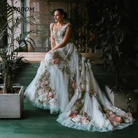 elegant 3d lace flowers appliques prom dresses 2022 long bride dresses a line backless florals bridal gowns evening party wear