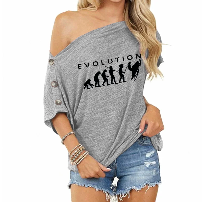 

new top loose line off shoulder button short sleeve T-shirt evolution of snow motorcycle interesting fashion women's T-shirt