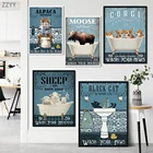 Забавный постер с котом, овечкой, альпакой, Стирайте лапы в стиле ретро, искусство на стену ванной комнаты, холст для туалета, картины, декор для стен комнаты