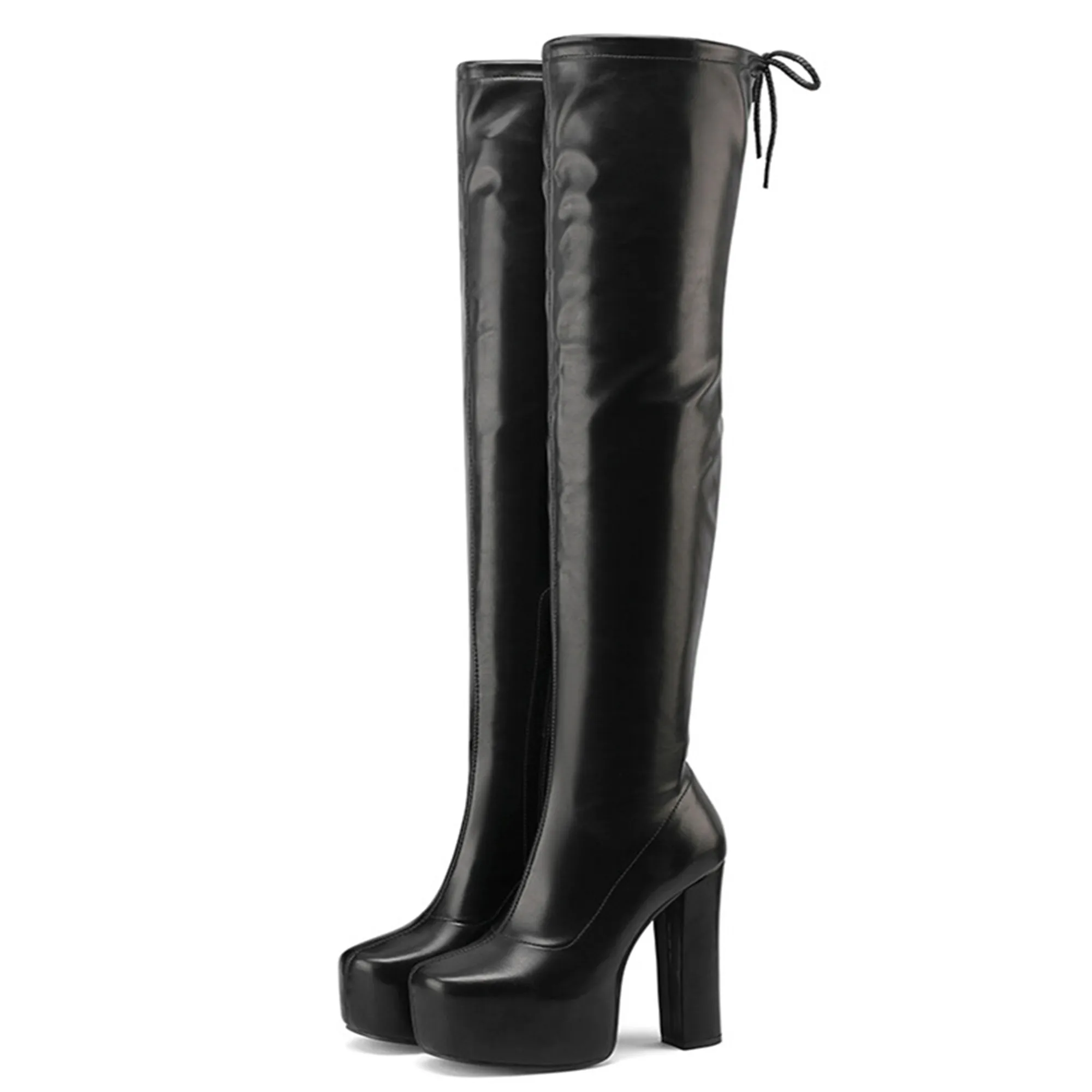 

Женские сапоги выше колена на высокой платформе, из ПУ кожи