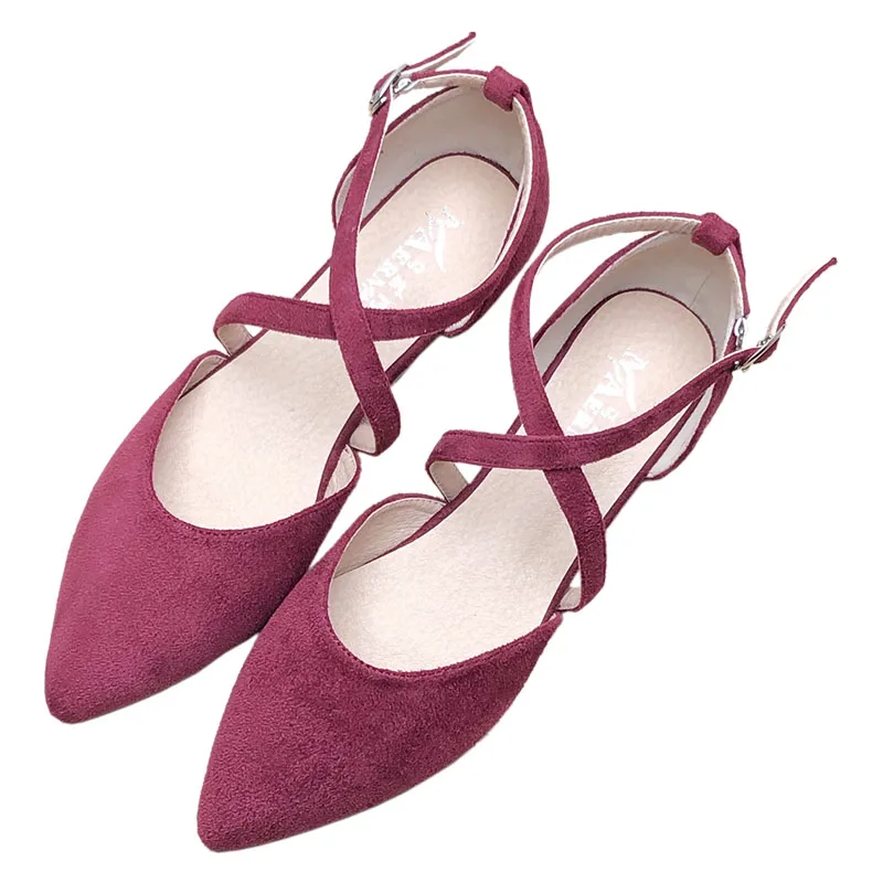 Women Flat Shoes Wine Red Black Apricot Pointed Flats for Size 33-43 Cross Strap Basic All Match Zapatos Planos De Mujer
