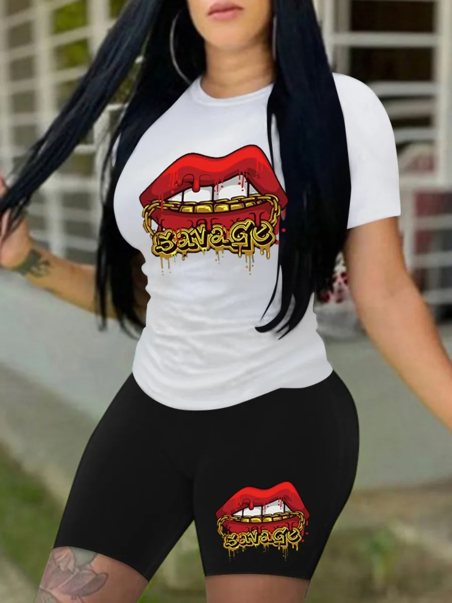 

LW Chain Lip Print Shorts Set Summer Women Printing Casual T-Shirt Y2k Graphics Top Shorts Set Lady Daily Streetwear Outfits