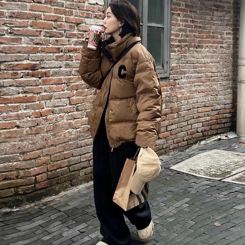 Down jacket women's short letter c stand-up collar thickened winter Korean version of white duck down jacket casual all-match