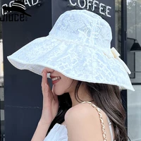 cokk summer hat women lace wide brimmed outdoor sunscreen sun hats for women with bow foldable casual travel sunhat bucket cap