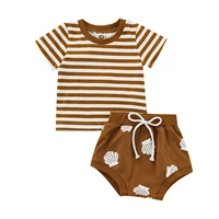 baby girls boys clothing summer cotton outfits striped short sleeve t shirts and shell print elastic casual shorts casual set