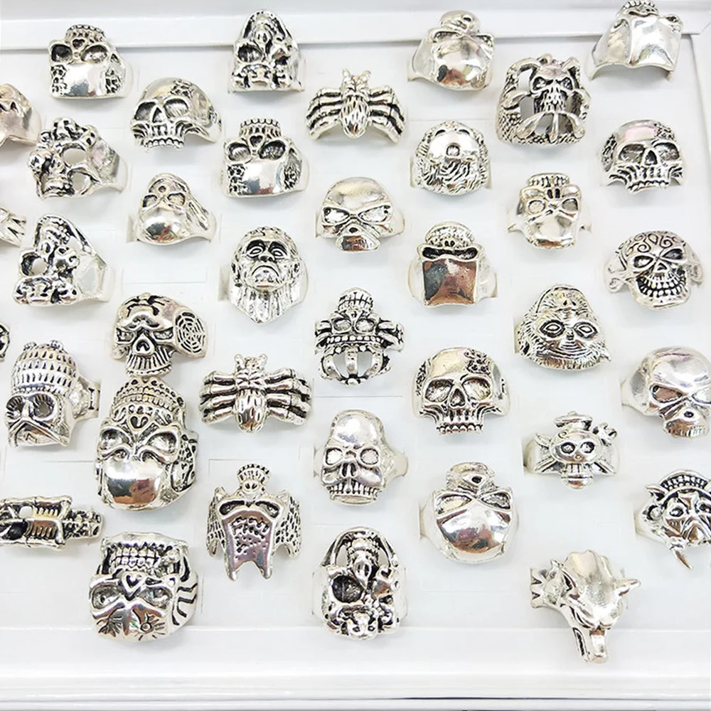 

20pcs/lot Vintage Silver Punk Skull Animal Metal Ring For Men Women Wholesale Mix Gothic Jewelry Party Gifts