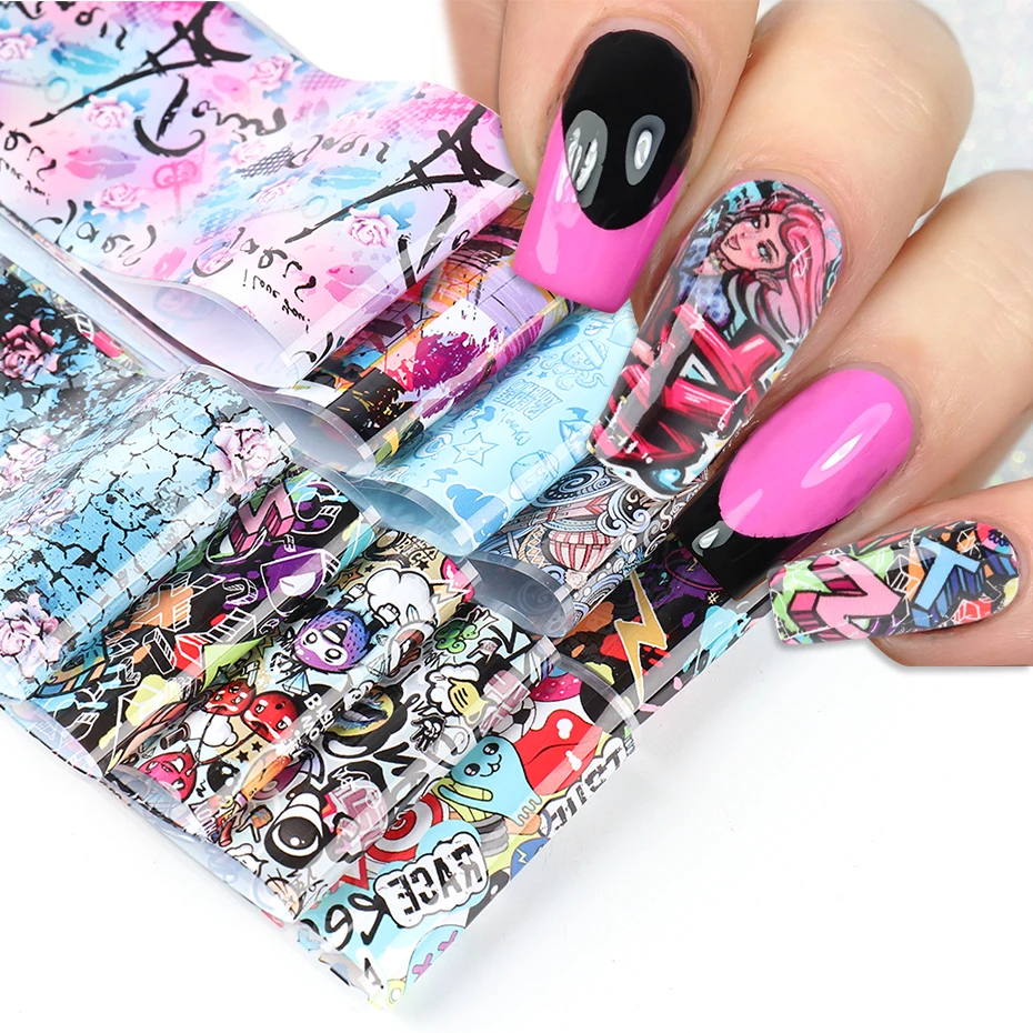 

Nail Stickers Funny Graffiti Retro Cartoon Character Design Starry Sky Paper Colorful Street Drawing Nails Transfer Decal BE4122
