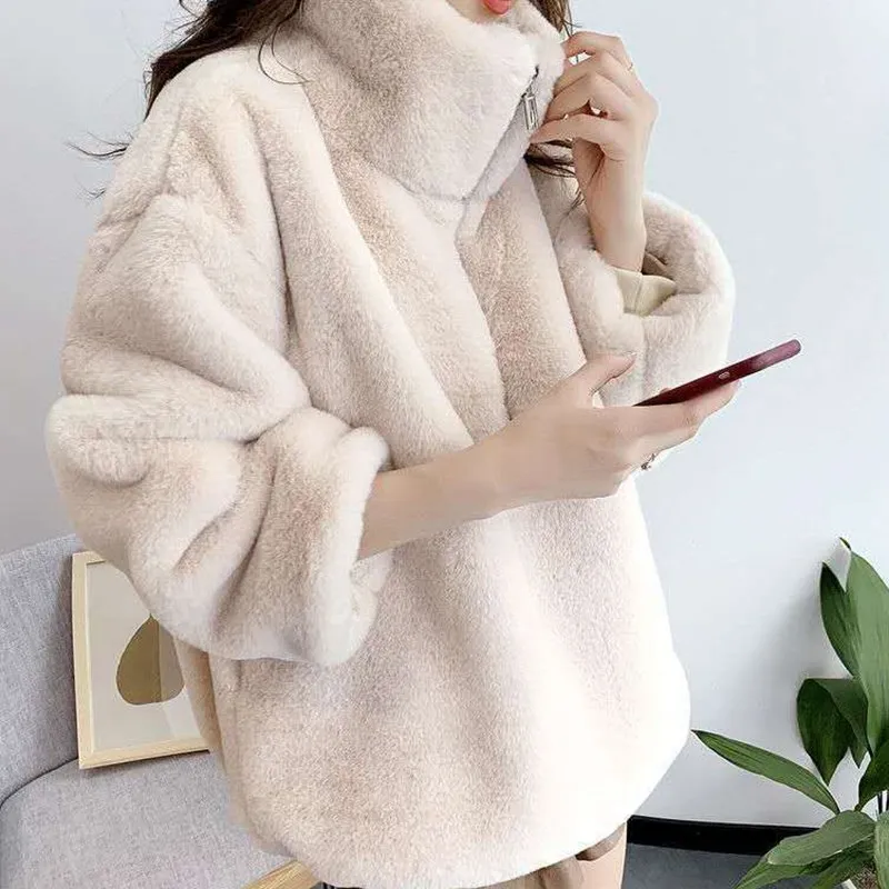 Coats Women Winter Warm Tops Faux Rabbit Casual Loose Ukraine Fake Fur Coat Elegant Thick Warm Outerwear Jacket top turklneck