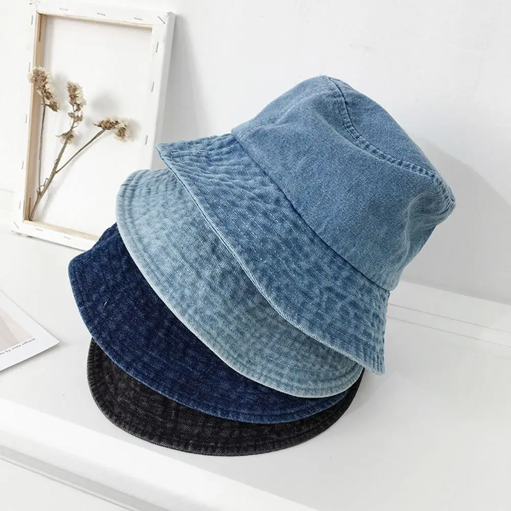 

Denim Fabric Unisex Beach Cap Women Men Fisherman Hat Suede Panama Hat Cotton Bucket Hats Sunbonnet