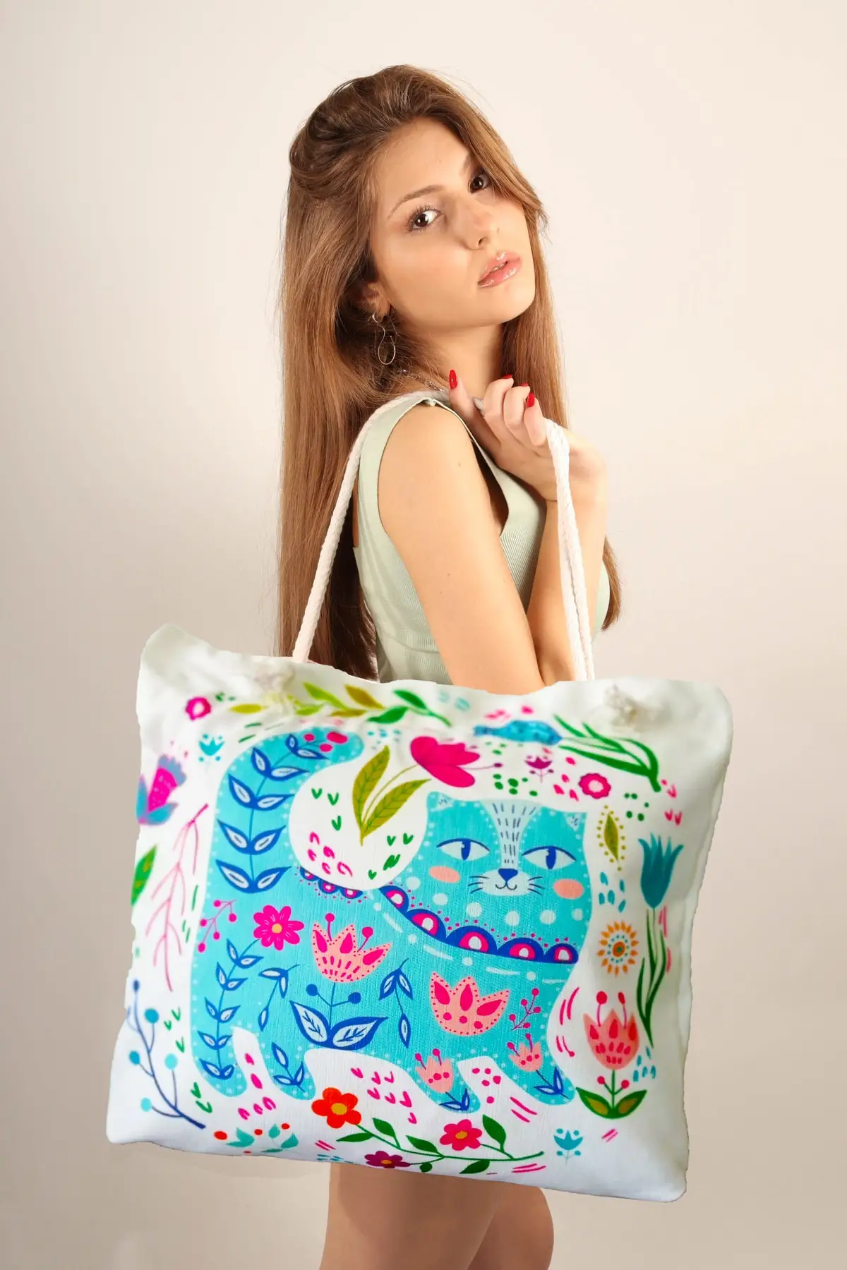 

Женская пляжная сумка в этническом стиле, тоут с кулиской на молнии и с принтом кошки и морской звезды, летняя сумка-шоппер