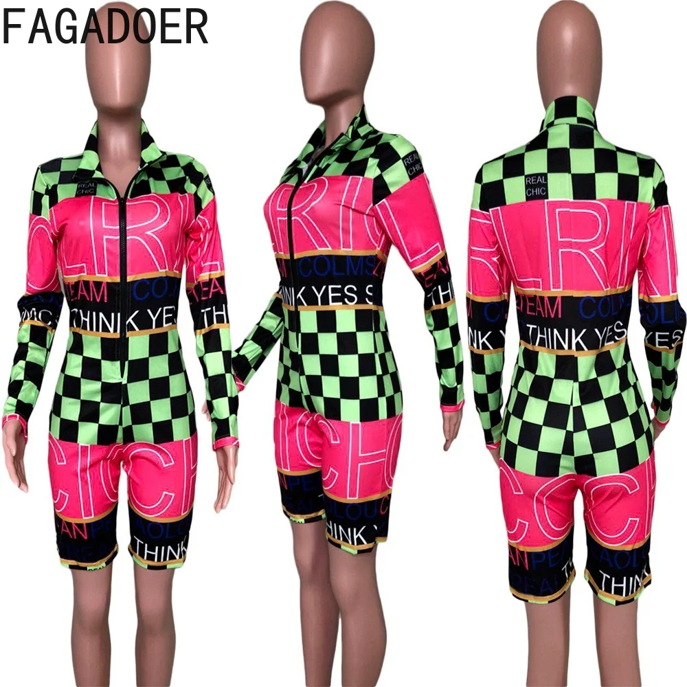 FAGADOER Sexy Plaid Print Race Girl Jumpsuit Women Zipper Long Sleeve Romper Fashion Patchwork Bodycon One Piece Playsuits 2022