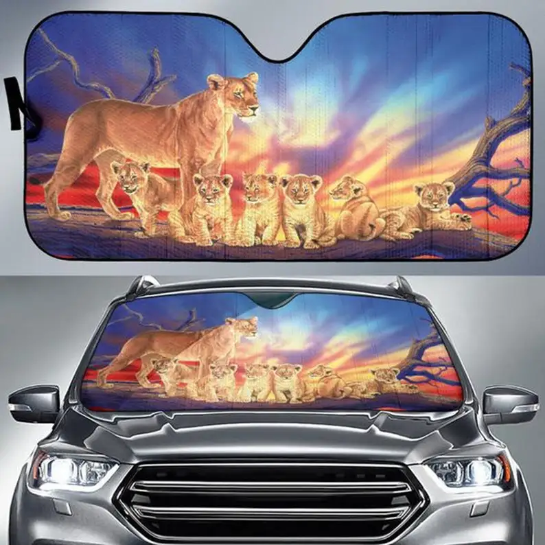 

Car Sun Shade with Lion Family Print, Auto Sun Shade a unique Gift for Lion Lovers.
