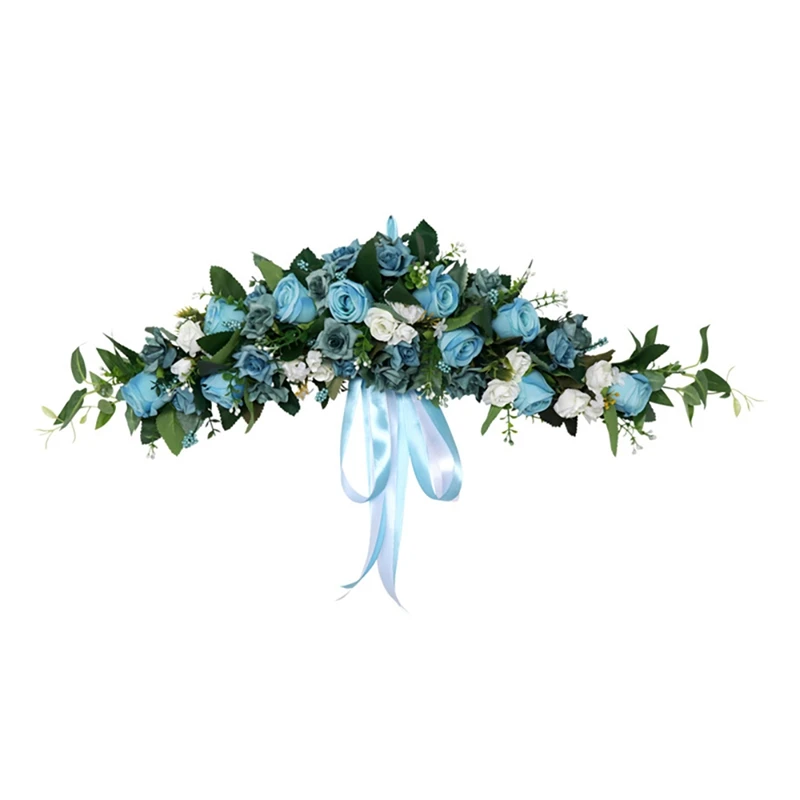 

Artificial Rose Flower Swag, Decorative Swag With Blue Rose And Green Leaves For Wedding Arch Front Door Wall Decor