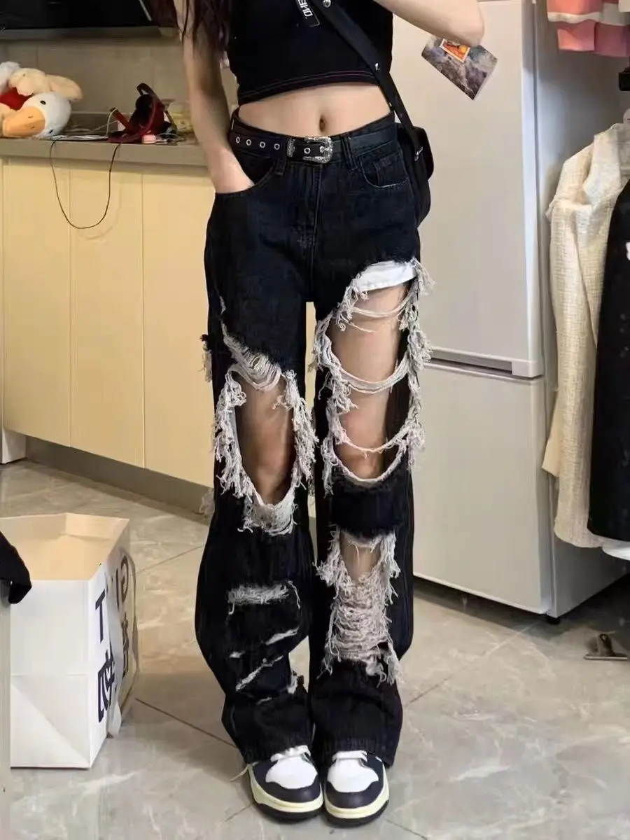 

Ripped High-waisted Jeans Spring and Summer Design Feeling Rough Fringes Loose Broad Leg Straight Tube Floor Pants