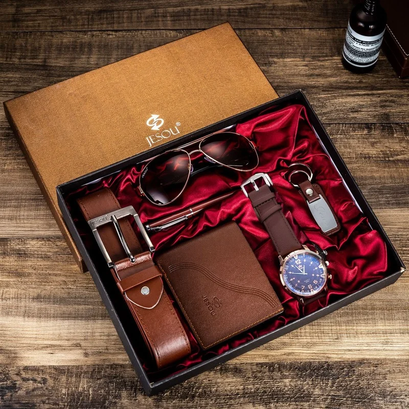 New 6Pcs/Set Fashion Mens Watches Set Luxury Gift Box Watch for Men Glasses Belt Keychain Pen Wallet Wristwatch Set Best Gift images - 6