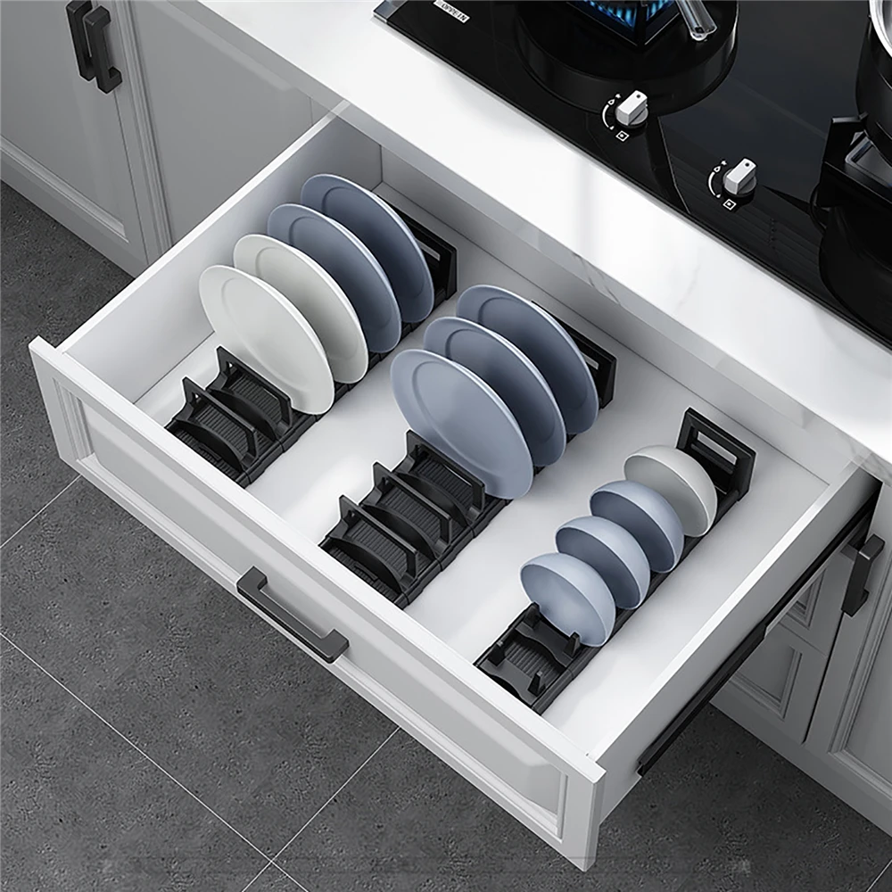 

Kitchen Drawer Dish Bowl Storage Rack Countertops Plate Cutlery Space Aluminum Drain Rack Adjustable Divider Drying Organizer