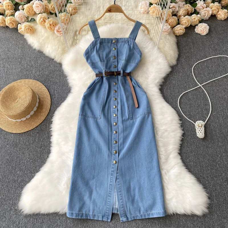 

2022 Summer New Denim Suspender Dress, Lace-up A- Line Dress Summer Dress
