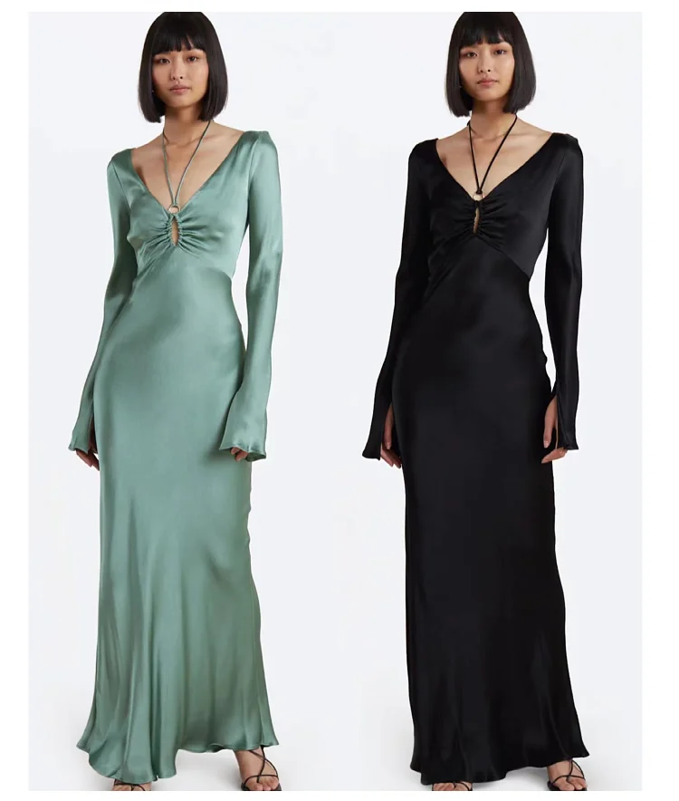 2023 New Satin Hanging Neck Deep V Lace Women Sexy Slim Maxi Long Dress