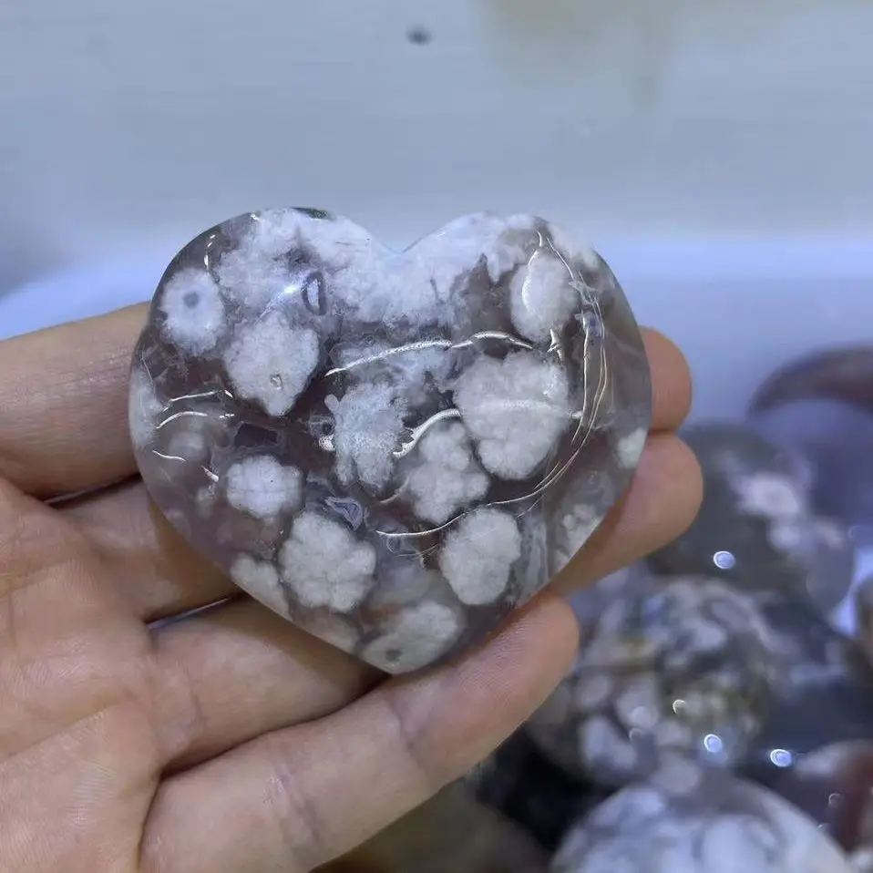 

Natural Crystal Cherry Blossom Agate Heart And Star Home Decoration, Reiki Healing Stone